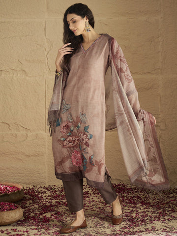 Varanga Women Graceful Beige Kurta Set Featuring Gota Patti Detailing, Paired With Solid Trousers And Dupatta